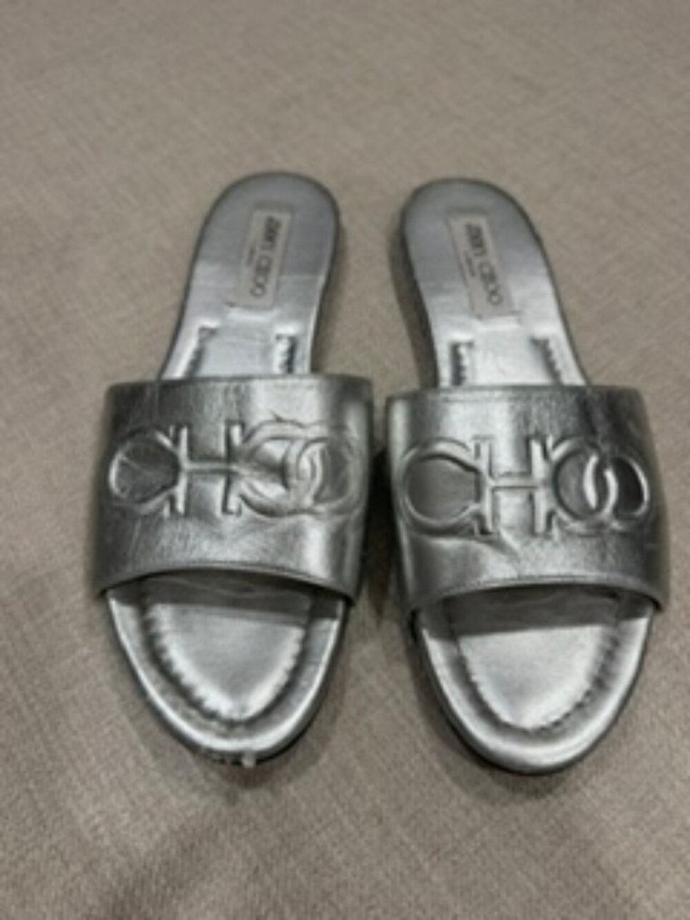 Jimmy Choo Metallic Silver Leather Logo Flat Slide Sandals
